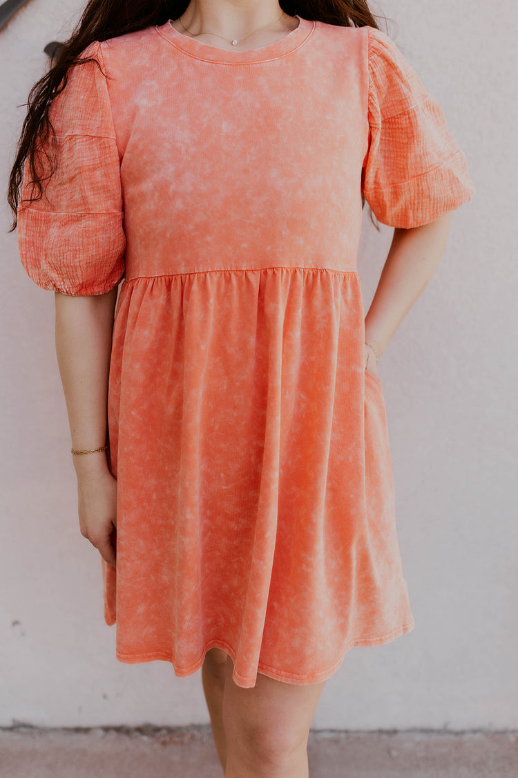 Puff Sleeve Mineral Wash Dress- Coral