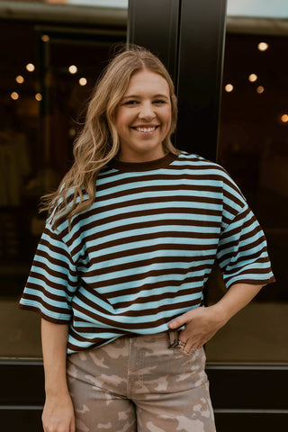 Cozy Lane Striped Top- Blue Brown