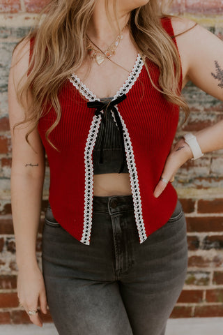 Ribbed Knit Tie Front Vest- Wine