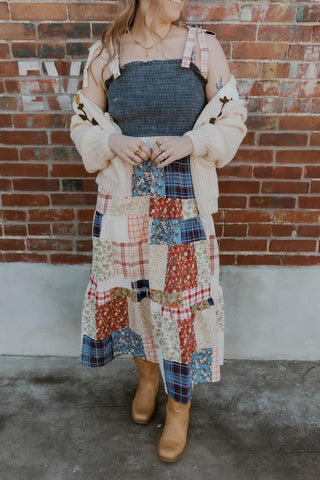 Smocked Denim Patchwork Dress
