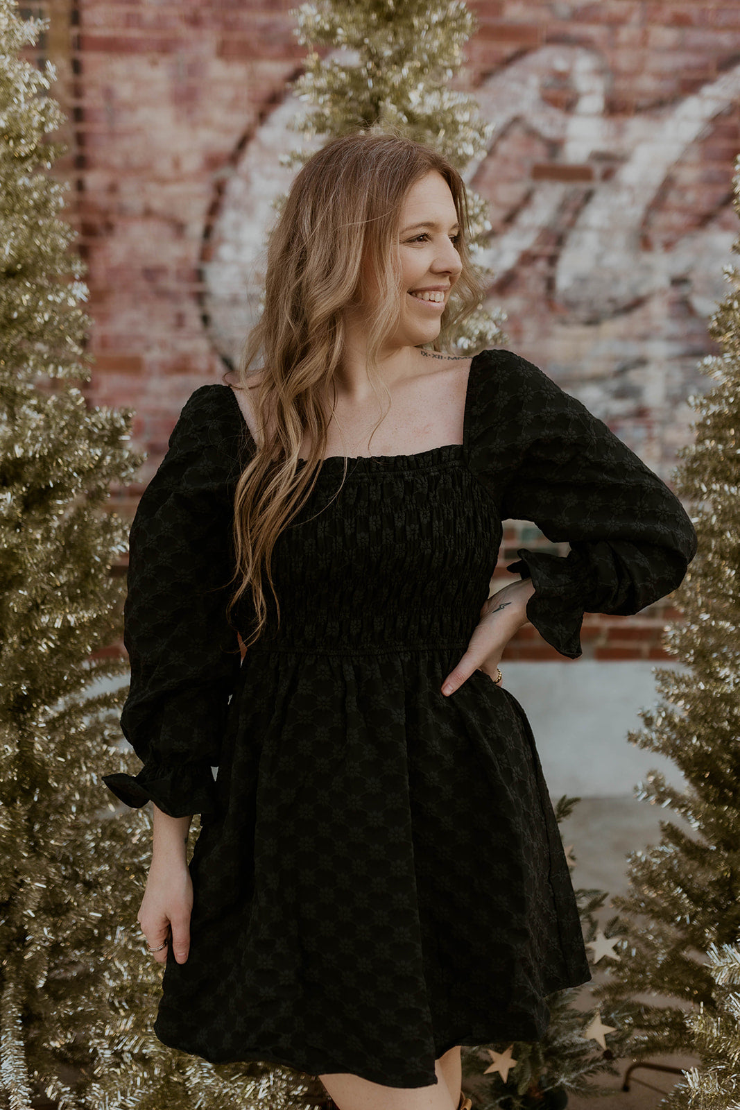 Texture Smocked Dress- Black XL Texture Smocked Dress- Black XL