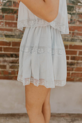 Square Neck Lace Detail Romper- Baby Blue