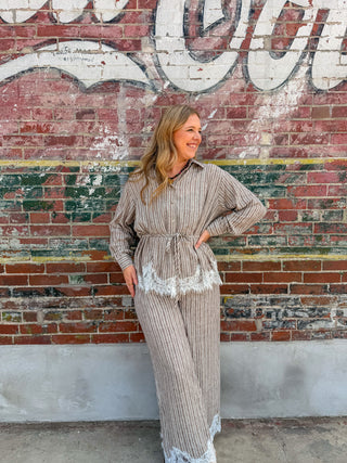 Petal & Pinstripe Wide Leg Pants- Mocha