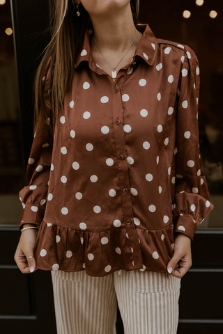 Spotted In Satin Top- Brown