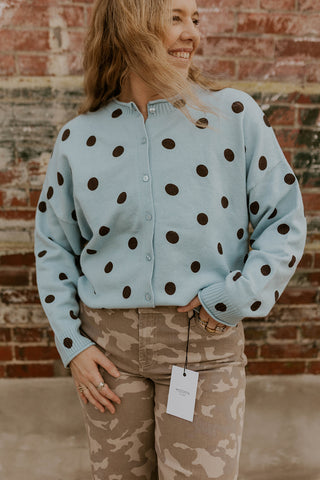Perfectly Polka Button Up Sweater- Light Blue