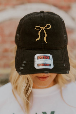 Doorbuster Embroidered Bow Hat- Black/ Gold