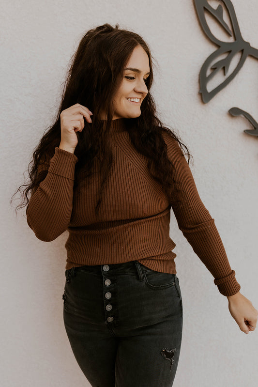 Mock Neck Ribbed Sweater- Brown