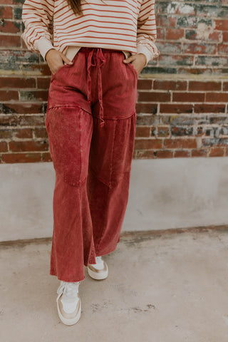 Mineral Wash Wide Leg Terry Pants- Burgundy