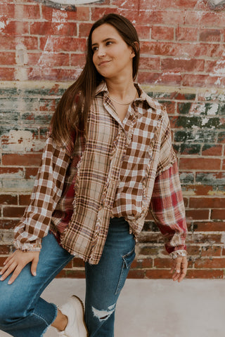 Multi Plaid Raw Edge Top- Mocha/Wine