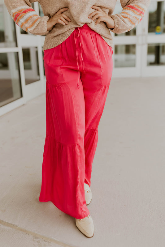 Tiered Wide Leg Pants- Hot Pink