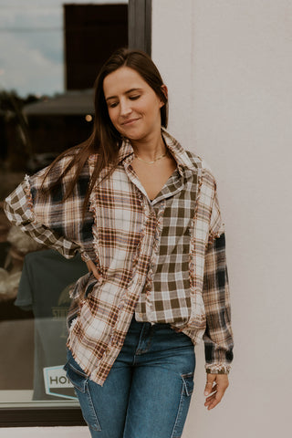 Multi Plaid Raw Edge Top- Cream/ Navy