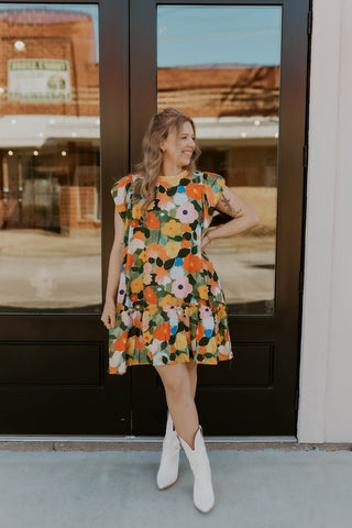 Playful Florals Dress- Mustard