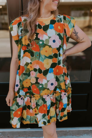 Playful Florals Dress- Mustard