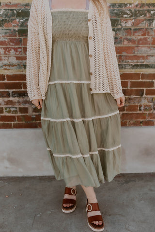 Lace Trim Tiered Dress- Sage M Lace Trim Tiered Dress- Sage M