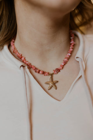 Natural Stone Starfish Necklace- Pink