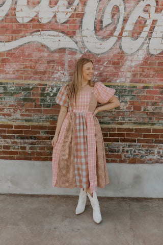 Square Neck Bubble Sleeve Plaid Dress