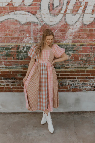 pink and brown plaid dress Especially Adored Light Brown Plaid Long Sleeve Mini Dress