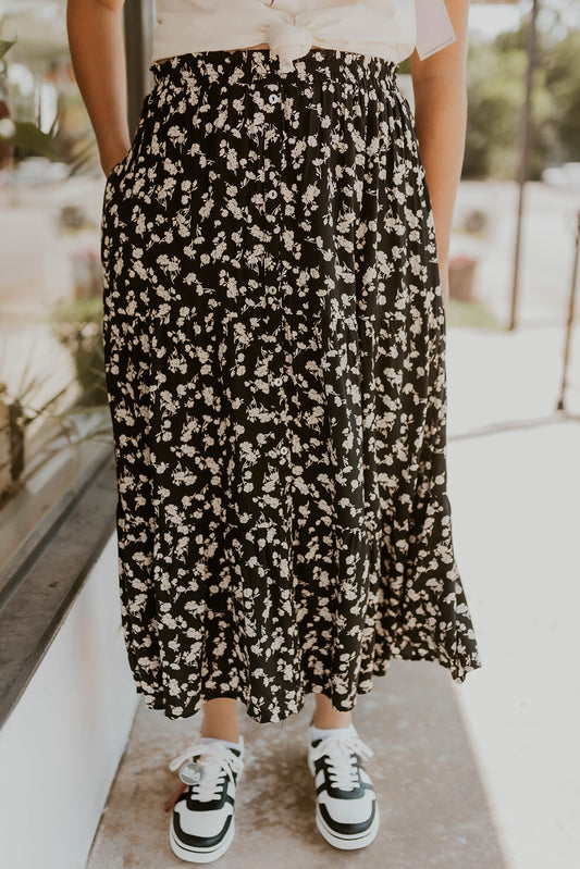 Floral Midi Skirt- Black