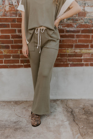 Color Block Ribbed Pants- Herb