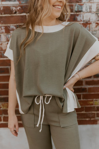 Color Block Ribbed Top- Herb