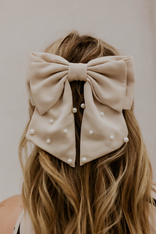 Pearl Embellished Bow- Tan