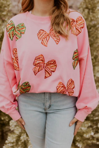 Holiday Bow Sweatshirt- Pink