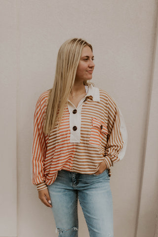 Autumn Hues Striped Top- Camel/ Coral