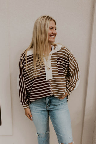 Autumn Hues Striped Top- Taupe/ Cherry Cola