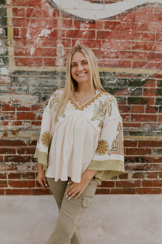 3/4 Sleeve Embroidered Top-Sage