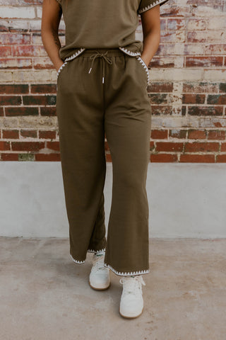 Embroidered Ribbed Pants- Olive