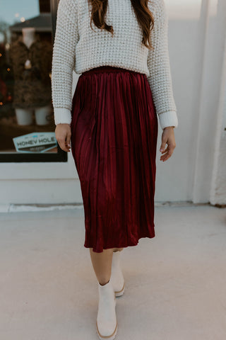 Wine Pleated Satin Midi Skirt