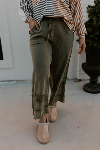 Crochet Detail Olive Wide Leg Pants