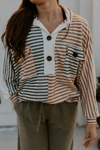 Autumn Hues Striped Top- Black/ Camel