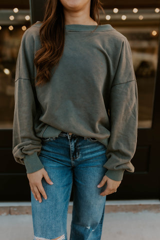 Open Back Mineral Wash Sweatshirt- Moss