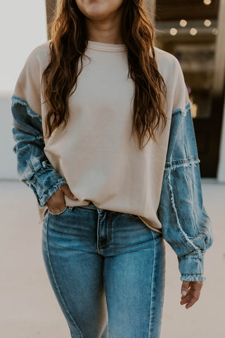 Denim Sleeve Terry Knit Top