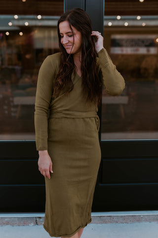 Olive Wrap Sweater Dress