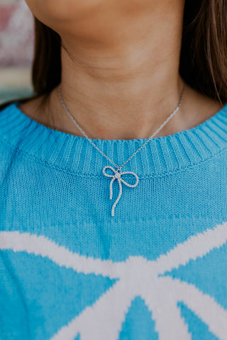 Blinged Out Bow Necklace- Silver