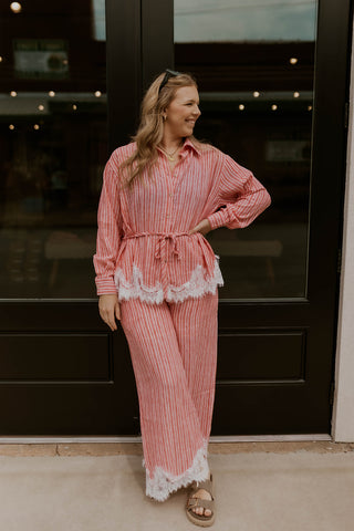 Petal & Pinstripe Wide Leg Pants- Light Red