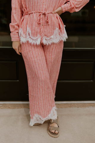 Petal & Pinstripe Wide Leg Pants- Light Red