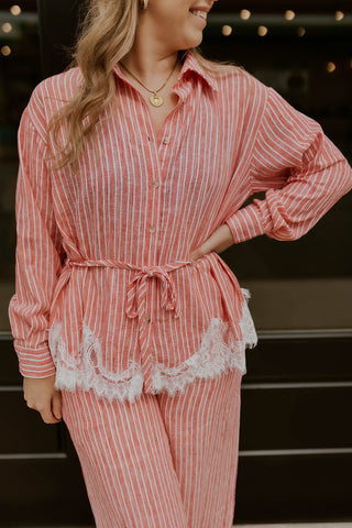 Petal & Pinstripe Tie Waist Top- Light Red