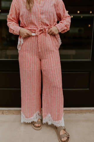 Petal & Pinstripe Wide Leg Pants- Light Red