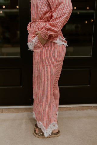 Petal & Pinstripe Wide Leg Pants- Light Red