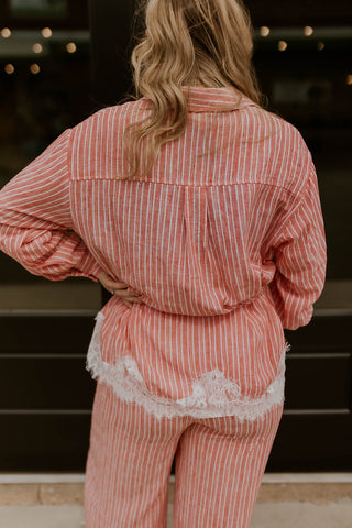 Petal & Pinstripe Tie Waist Top- Light Red