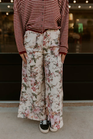 Made For Me Wide Leg Pants- Cream Floral