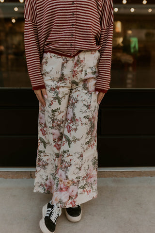 Made For Me Wide Leg Pants- Cream Floral