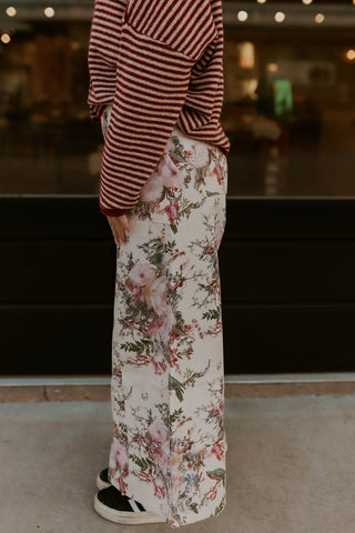 Made For Me Wide Leg Pants- Cream Floral