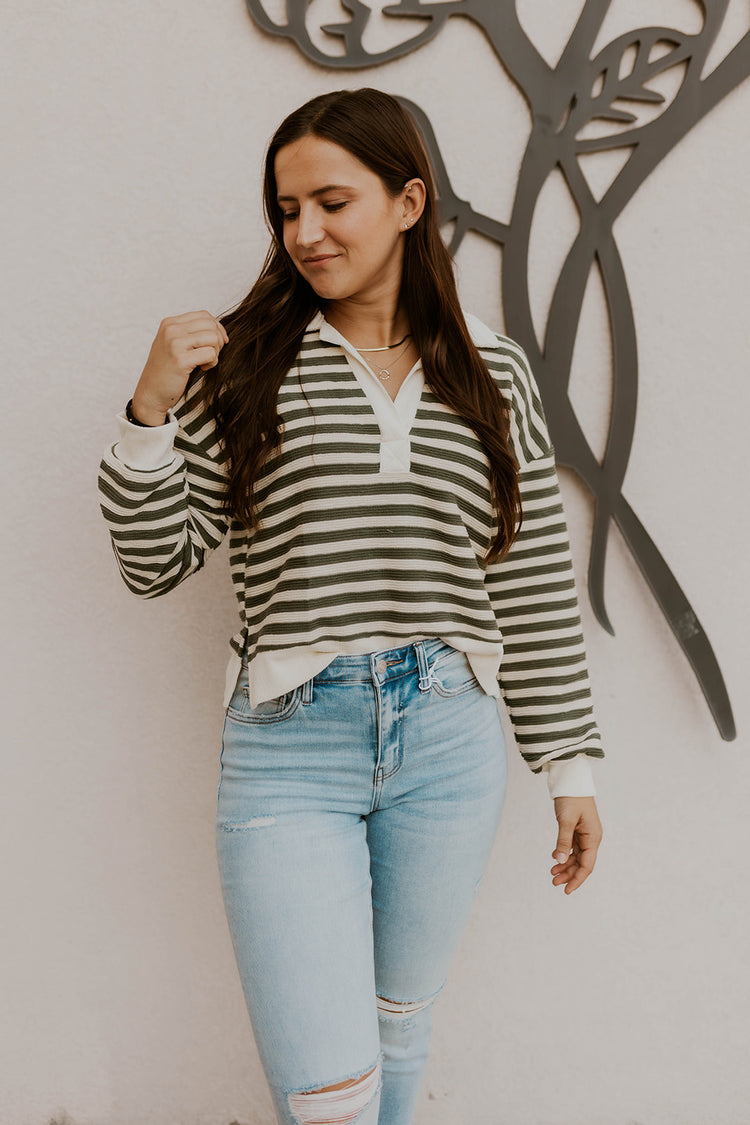 Collared Striped Top- Olive
