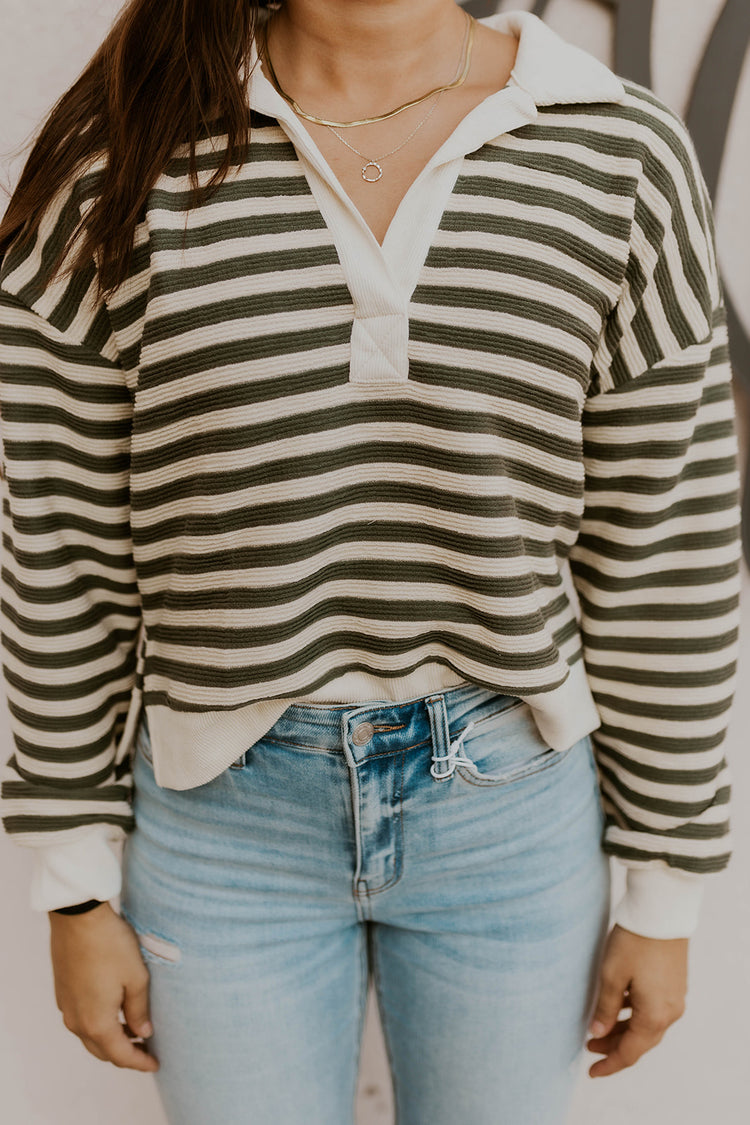 Collared Striped Top- Olive