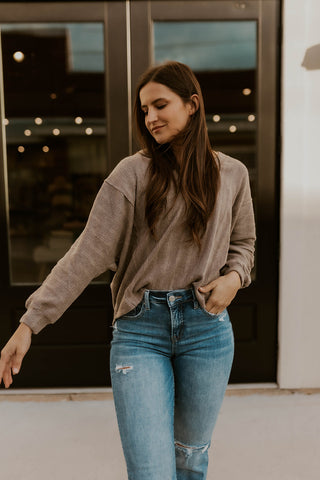 Ribbed Brushed Knit Top- Taupe