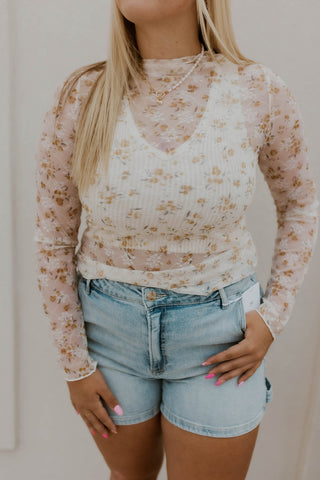 Floral Printed Mesh Top- Mustard